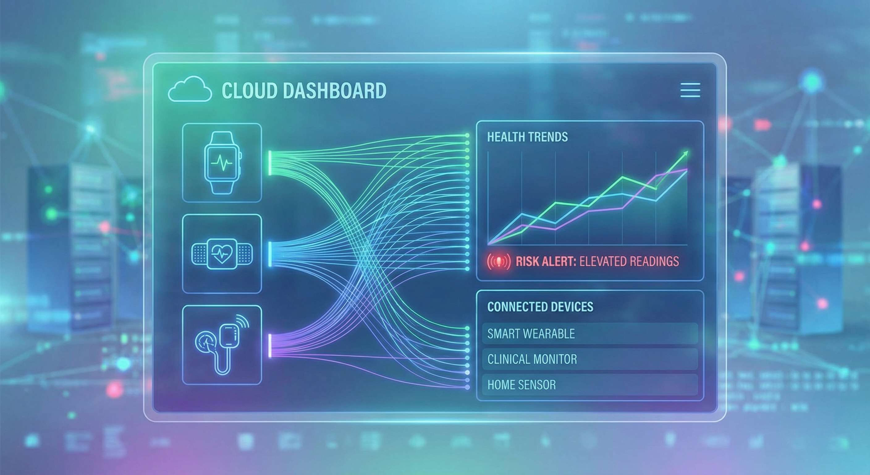 Connected health devices and wearables sending data to Cordato predictive analytics dashboard