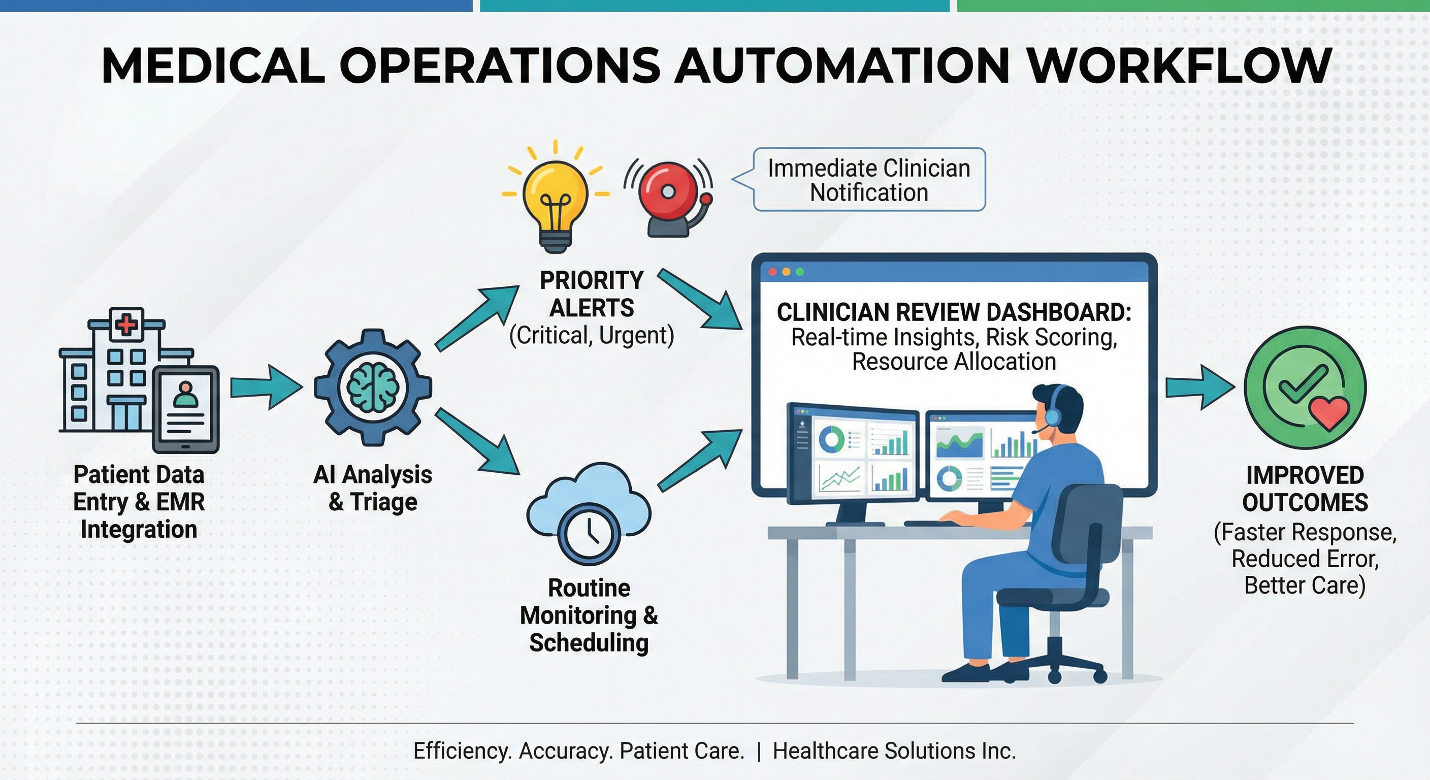 Clinical operations automation: workflow arrows, priority alerts, care manager dashboard